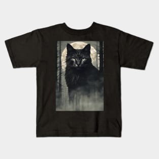 Giant Black Cat in the Foggy Forest Vintage Kids T-Shirt